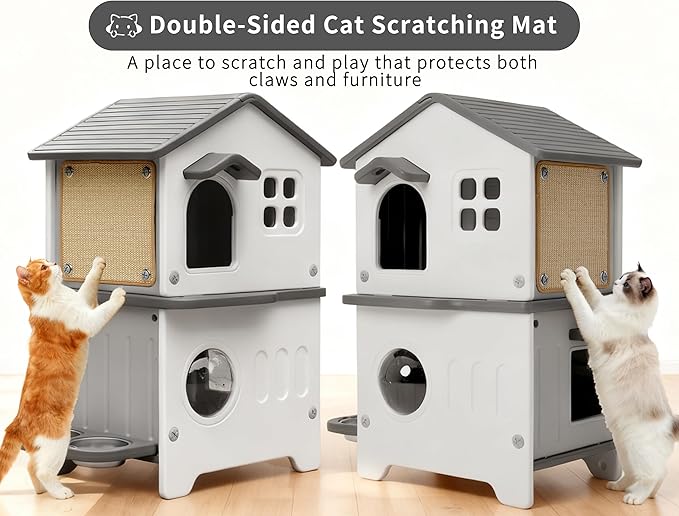 Rockever Outdoor Cat House, 2-Story Waterproof Cat House for Outdoor Cats with Escape Door, Elevated Feral Cat House Indoor, Sturdy Stainless Steel Bowl & Scratching Post, Clean Easily(Grey)