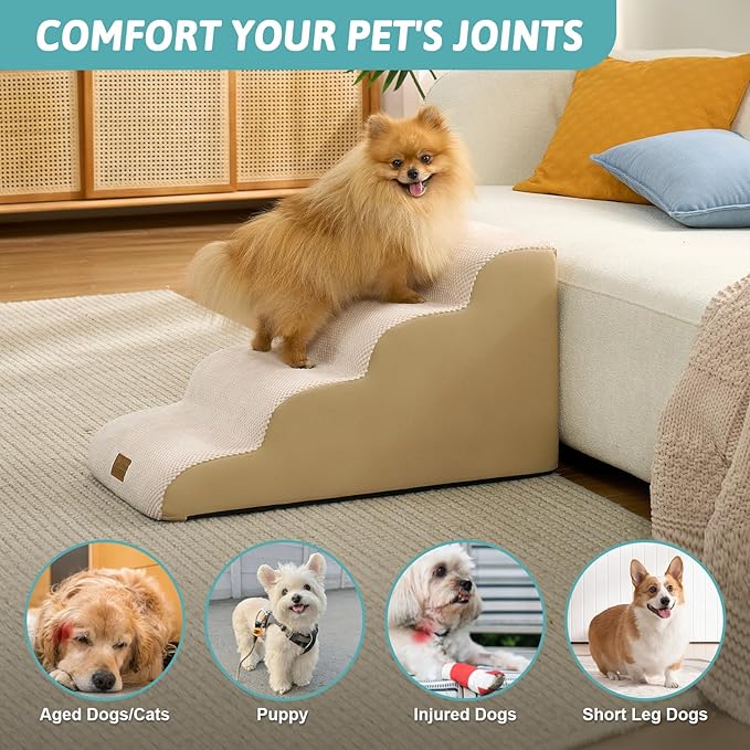 Dog Stairs for Small Dogs 15.7" H, 4-Step Slope Dog Steps for Bed, Couch or Chair, Sturdy Pet Ramp for Puppy, Older Cat, Pet Ladder with High Density Foam, 15.7x28.3x15.7 inch, Beige