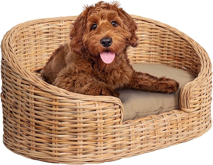 DBD1000B Curvy 28.5" x 17.25" Classic Handwoven Rattan Pet Bed with Machine-Washable Cushion, Light Brown