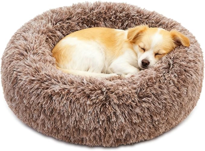 Calming Dog Bed for Small Dogs, Anti-Anxiety Donut Small Puppy Bed Washable, Fluffy Plush Faux Fur Large Cat Bed, Fits up to 20 lbs Pets (Brown, 23")