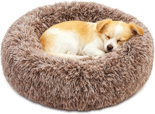 Calming Dog Bed for Small Dogs, Anti-Anxiety Donut Small Puppy Bed Washable, Fluffy Plush Faux Fur Large Cat Bed, Fits up to 20 lbs Pets (Brown, 23")