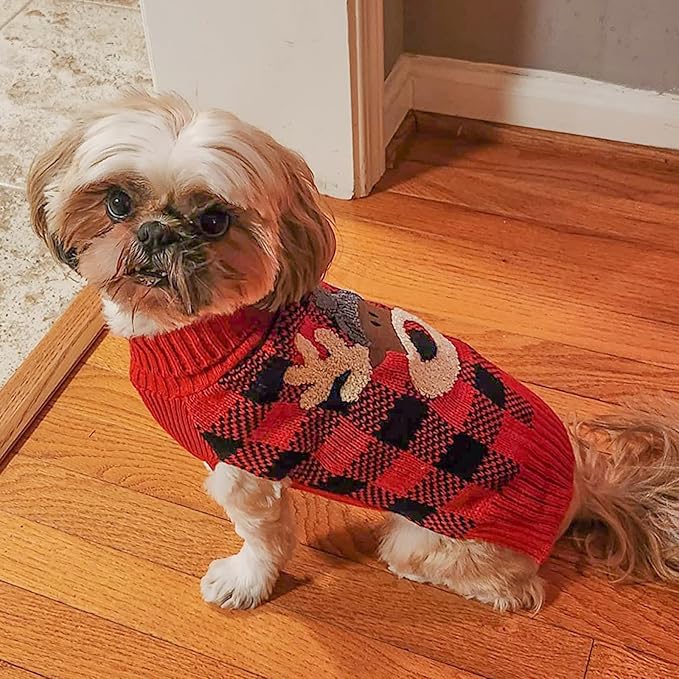 KYEESE Dog Christmas Sweater with Reindeer Pattern, Red Buffalo Plaid Knitwear, Turtleneck Dog Sweater for Small Dogs with Leash Hole, Cozy Winter Holiday Outfit, Warm Soft Pet Clothes, Medium