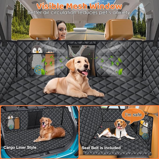URPOWER Backseat Extender for Dogs - Hard Bottom Dog Car Seat Cover for Back Seat, Dog Hammock for Car, SUV, and Truck, Pet Rear Seat Protector Dogs Travel Bed with Mesh Window & Side Flaps