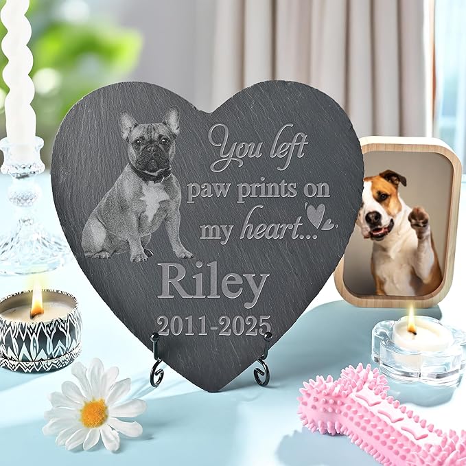 Pet Memorial Stone with Photo, Dog Memorial Gifts for Loss of Dog, Personalized Pet Memorial Gifts, Pet Loss Gift - Paw Prints On My Heart（Heart）