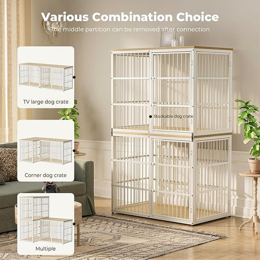 Lyromix 94.48'' Dog Crate Furniture Large Breed TV Stand with Double Rooms for 2 Large Medium Dogs, Wooden Indoor Kennel Crate Cage End Table with Removable Divider, Can Use Separately, Natural Beech