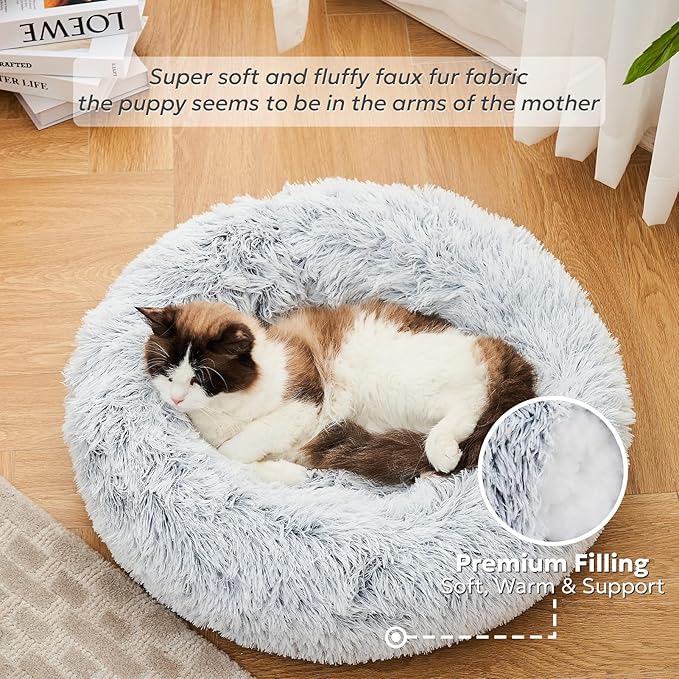 Calming Dog Bed for Small Dogs, 23 inches Puppy Bed Washable, Anti-Anxiety Donut Fluffy Dog Bed Indoor, Comfort Plush Faux Fur (Light Grey, 23")