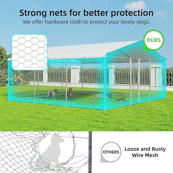 15.3x15.3 FT Outdoor Dog Kennel Outside with Metal Large Dog Cage, Outdoor Dog Pens with Roof, Heavy Duty Dog Kennel for Backyard Farm Use(183.1x183.1x83.1IN)