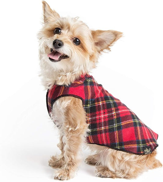 Goldpaw Stretchy Fleece Jacket for Small Dogs - Super Soft, Warm Dog Sweater - Pet Sweater Vest for Fall and Winter - Canine Clothes Made in The USA - Machine Washable - Red Classic Plaid - Size 24