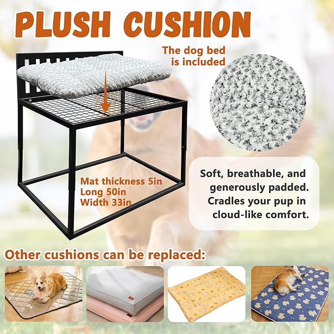 Beside Dog Bed,Adjustable Height Dog Bunk Beds,48''x 32'' Metal Dogs Bed Frame with Cushion,X-Large