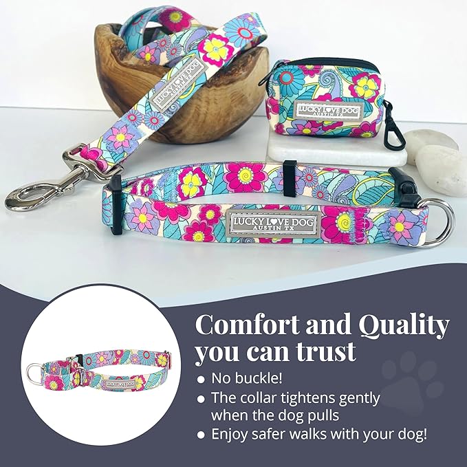 Lucky Love Dog Martingale Dog Collar - Adjustable, No-Slip, Durable, & Soft Webbing Collar for Male and Female Dogs Ideal for Training & Walking - Caroline, Small
