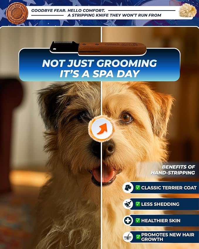 Stripping Knife for Dogs – Gentle Hand Stripping & Carding Knife for Terriers & Double-Coated Breeds, Solid Sapele Hardwood & Black Oxide Stainless Steel,Easy to Clean,Dog Grooming Tool(Right-Handed)