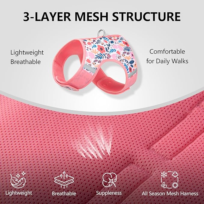 Dog Harness for Small Sized Dog,Hook-and-Loop Easy On/Off, Reflective Adjustable Soft Mesh Vest for Puppy(Pink Floral Print,XXS)