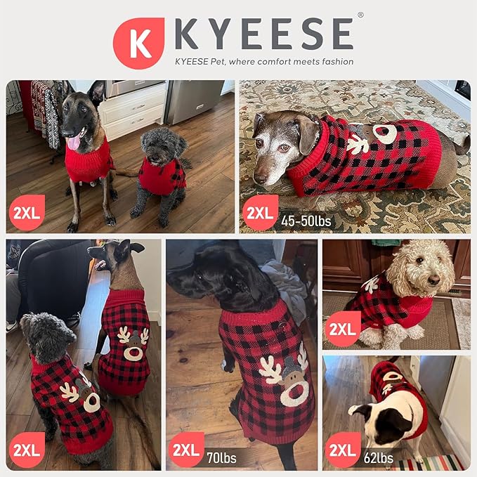 KYEESE Dog Christmas Sweater with Snowman Design, Turtleneck Dog Sweater for Medium Dogs, Cozy Holiday Outfit, Red Buffalo Plaid Knitwear with Leash Hole, Soft Warm Pet Clothes, XX-Large