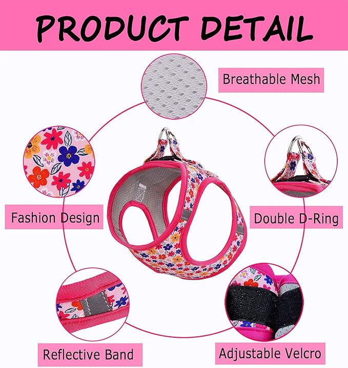 Moonpet Step in Dog Harness Leash Set- All Weather Reflective No-Pull Floral Pattern Padded Mesh Vest Harness for Cats Puppy Extra-Small Small Medium Large Dogs - Romantic Sakura - M