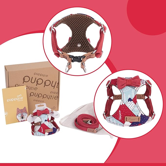 Puppytie No Pull Small Dog Harness with Multifunction Dog Leash,Lightweight Soft Adjustable No Choke Escape Proof Pet Harness Vest Pet Harness Vest,Suede Bow red,S