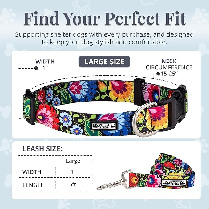 Lucky Love Dog - Easy Click Buckle Dog Collar with Leash Set Combo, Durable & Comfortable for Male & Female Dogs, Pet Collar for Small to Large Dogs, Secure Fit - Blackbird Combo, Large