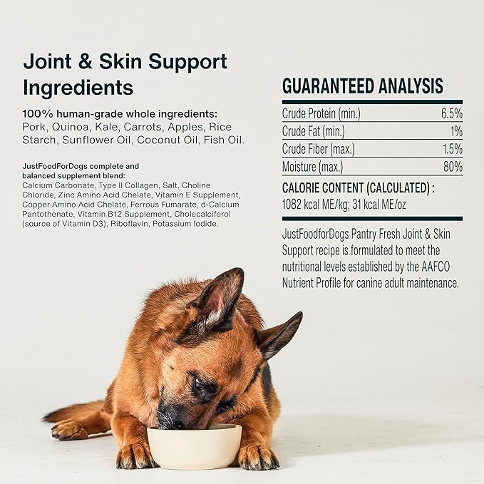JustFoodForDogs Pantry Fresh Wet Dog Food, Complete Meal or Dog Food Topper, for Joint Health, Skin Health, Allergies, Joint & Skin Support, Pork & Quinoa - 12.5 oz (Pack of 12)