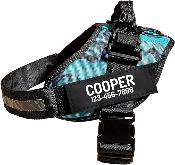 PawPawify Custom No Pull Dog Harness with Name and Phone Number, Heavy Duty Personalized Pet Vest to Prevent Tugging, Pulling, or Choking, Training and Walking (Camouflage Blue, S (Chest 16-21in))