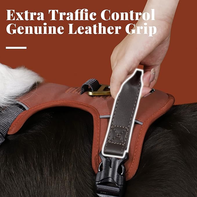 No Pull Dog Harness Small Sized Dog,Stylish PU Leather Vest with Easy Control Handle,No Choke Front Clip with 2 Metal Leash Clips,Reflective & Adjustable for Walking,Brown,Chest 19-24"