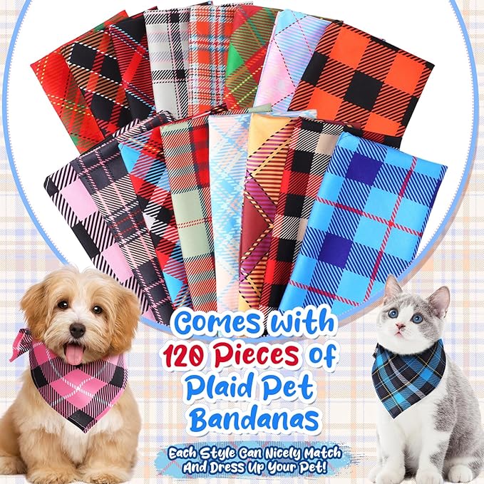 Amylove 120 Pcs Christmas Dog Bandanas Bulk Thanksgiving Day Holiday Triangle Dog Pack Puppy Kerchief Bandana Adjustable Pet Scarf for Pet Cat Costume Accessories Decor(Plaid)