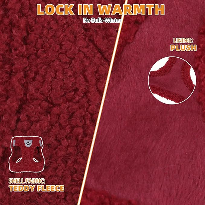 KOOLTAIL Plush Small Dog Harness and Leash Set, Warm Fleece No Pull Puppy Vest for Winter, Lightweight Reflective Step in Pet Harness for Medium Sized Dogs Boy Girl Outdoor Walking, Christmas Red M