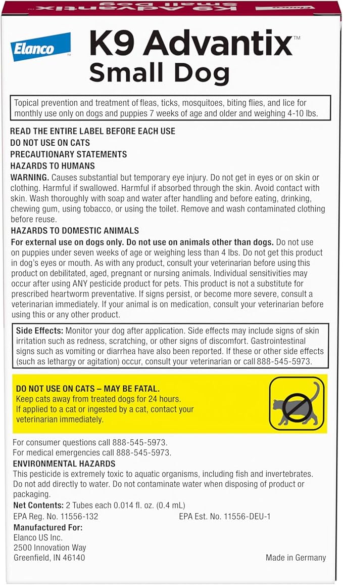 K9 Advantix Flea, Tick & Mosquito Prevention for Dogs 4-10 lbs. | Flea Drops for Small Dogs | Apply Monthly | 2 Treatments (Pack of 2)