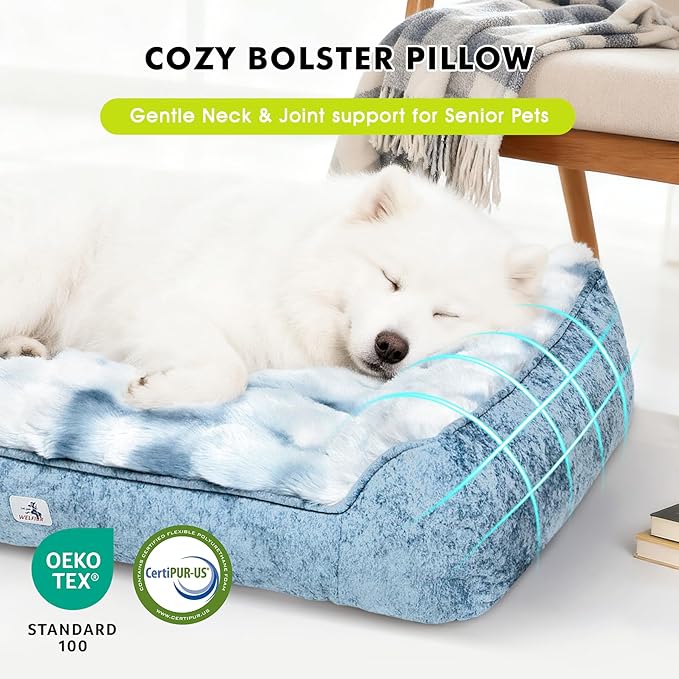 Orthopedic Dog Bed for Large Dogs - 48" Faux Fur Pet Couch with Removable Washable Cover, Nonskid Bottom, Supportive Foam, Comfortable Dog Sofa Bed for Medium Large Dogs, Tie-Dyed Blue