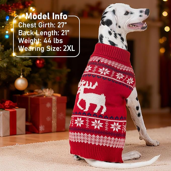 KYEESE Dog Christmas Sweater, Soft Turtleneck Dog Sweater for Large Dogs Boy Girl with Reindeer Pattern, Winter Doggie Knitwear with Leash Hole, Soft Warm Winter Pet Clothes, XXX-Large