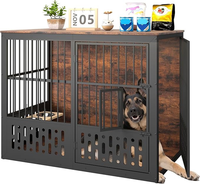 48 Inch XXL Dog Crate Furniture, Wooden Chewproof Dog Kennel with Interactive Window, 360° Adjustable Bowls (5 Heights), Storage Table Top, Heavy Duty XL Dog Crate for Medium Large Dogs, Brown