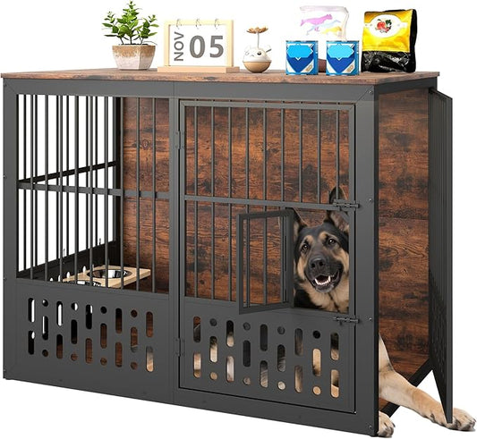 48 Inch XXL Dog Crate Furniture, Wooden Chewproof Dog Kennel with Interactive Window, 360° Adjustable Bowls (5 Heights), Storage Table Top, Heavy Duty XL Dog Crate for Medium Large Dogs, Brown