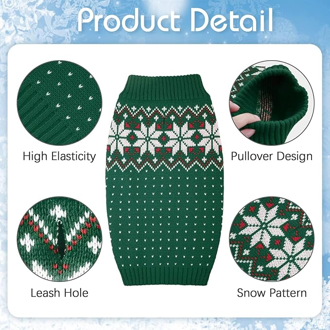 Kuoser Dog Christmas Sweater, Soft Warm Xmas Sweaters for Small Medium Large Dogs Boy Girl, Comfortable Dog Sweater with Leash Hole Snowflake Puppy Knit Outfit for Holiday Winter Fall, Green XS