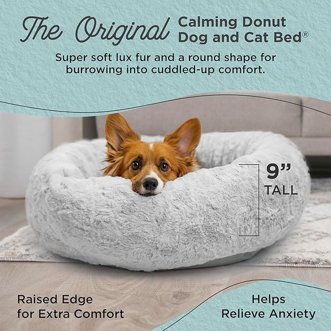 Best Friends by Sheri Original Calming Donut Dog and Cat Bed, Lux Faux Fur, Gray, (30in x 30in) - Anxiety Relief for Pets Up to 45 lbs