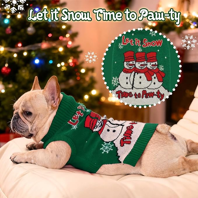 IECOii Christmas Dog Sweater for Medium Dogs Girl Boy, Xmas Dog Turtleneck with Leash Hole, Sleeveless Easy On Knitted Sweater Holiday Snowman Snowflake Pattern for Christmas Family Photo, Green, L