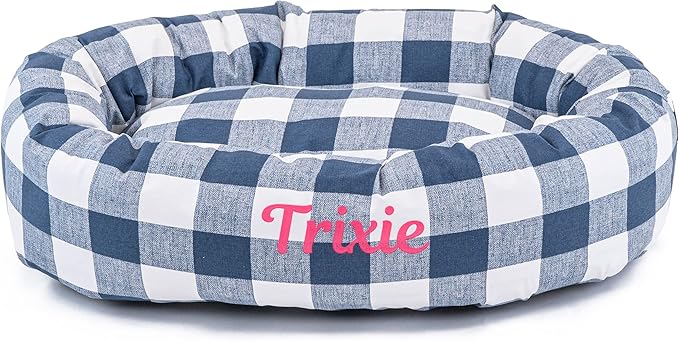 Majestic Pet Anderson Check Personalized Bagel Dog Bed | Donut Style Pet Bed with Custom Embroidered Pet Name | Various Fonts and Thread Colors Available (X-Large, Navy Blue)
