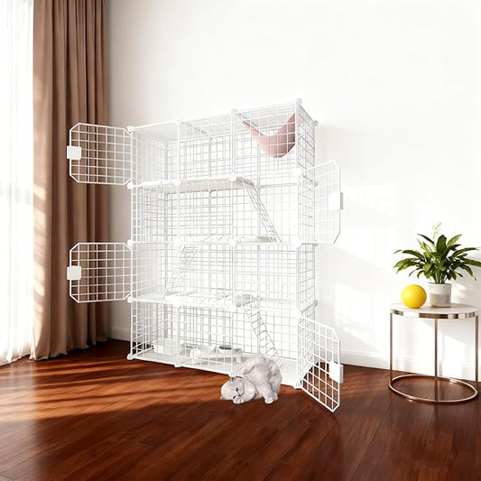 Large Cat Cage Enclosure Indoor DIY Cat Playpen Pet Home Small Animal House Detachable Metal Wire Kennels Crate Large Exercise Place Ideal for 1-4 Cat (White, 41.3" Lx14 Wx55 H, 1)