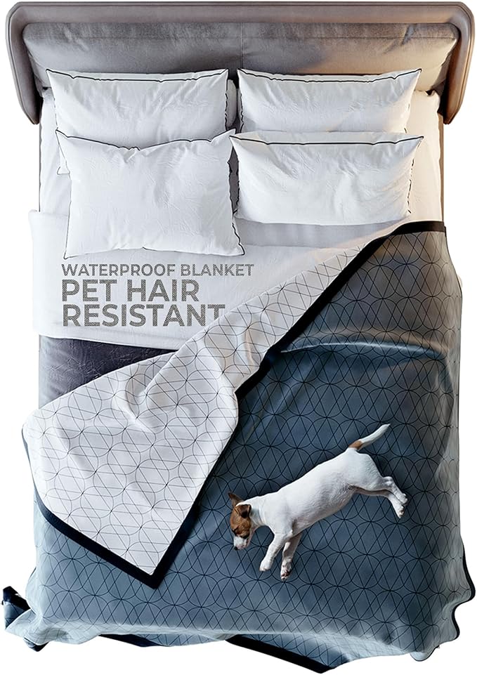 Waterproof Dog Blanket for Bed – 90x90 Inch King/Queen Size – Pet Hair Resistant Blanket for Small to Large Dogs – Washable, Leakproof, Reversible Bedspread for Bed Protection – Blue/White