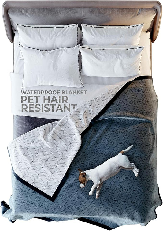 Waterproof Dog Blanket for Bed – 90x90 Inch King/Queen Size – Pet Hair Resistant Blanket for Small to Large Dogs – Washable, Leakproof, Reversible Bedspread for Bed Protection – Blue/White