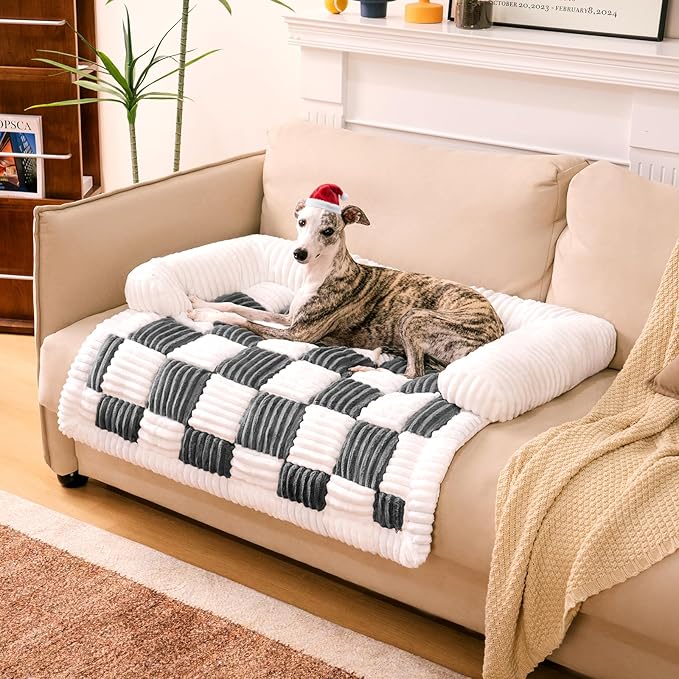 FUNNY FUZZY Pet Couch Covers for Sofa, Large Couch Cover for Dogs Washable Cream Square Plaid Pet Bed Mat for Furniture Protector Sofa Cover for Pets, Large, Black