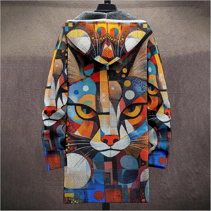 MARSVOVO Cool Hippie Long Cardigan Hoodies for Men Zipper Fleece Lined Knit Coat Skull Animal Print Graphic Jackets