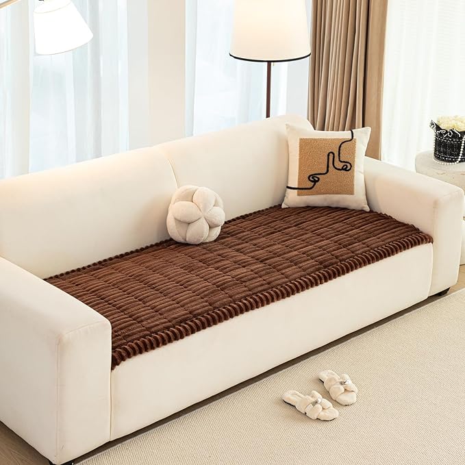 Faux Fur Plush Dog Couch Cover, 3D Stripe Fuzzy Sofa Covers, Non-Slip Fluffy Dog Bed Cover Pet Blanket, Washable Furniture Protector for Puppy Cat (Dark Coffee,35"x63")