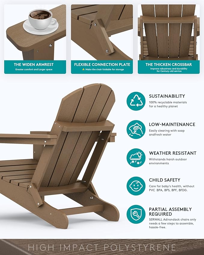SERWALL Folding Adirondack Chair Set of 2 Outdoor Chairs Painted Adirondack Chair Weather Resistant for Patio Deck Garden, Backyard Deck, Fire Pit- Brown