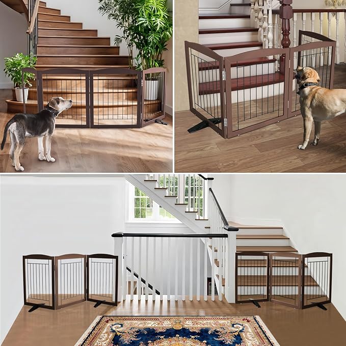 ZJSF Freestanding Dog Fence Indoor, Foldable Dog Gate for Doorways, Stairs or Hallways, Sturdy Wood Extra Wide Pet Gate with Support Feet for The House, Brown, 32 "Height-2 Panels