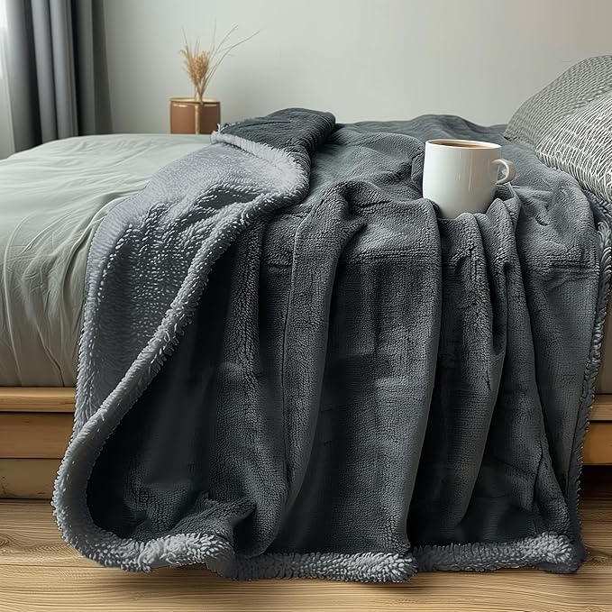 Waterproof Queen Size Blanket - Sherpa Fleece Reversible Throw, Soft Warm Leak-Proof Bed & Couch Protector for Kids, Pets & Everyday Spills (Charcoal Grey/Silver Grey, Queen 90x90)
