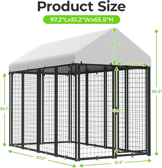 Dog Kennel Outdoor, 8x4x6 FT Heavy Duty Dog Pens Outside with Waterproof Roof, Metal Dog Run Fence with Galvanized Welded Wire Steel for Puppy Playpen