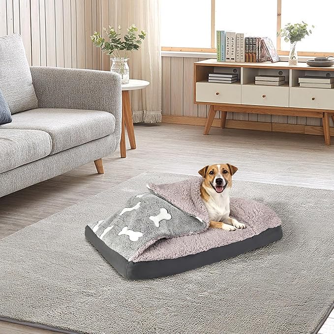Dog Bed with Pillow and Blanket Attached, 30''X20'' Rectangle Cozy Dog Bed with Cover Cave & Removable Washable Cover for Crate Furniture, Soft Indoor Covered Calming Burrow Sofa for Small Medium Pet