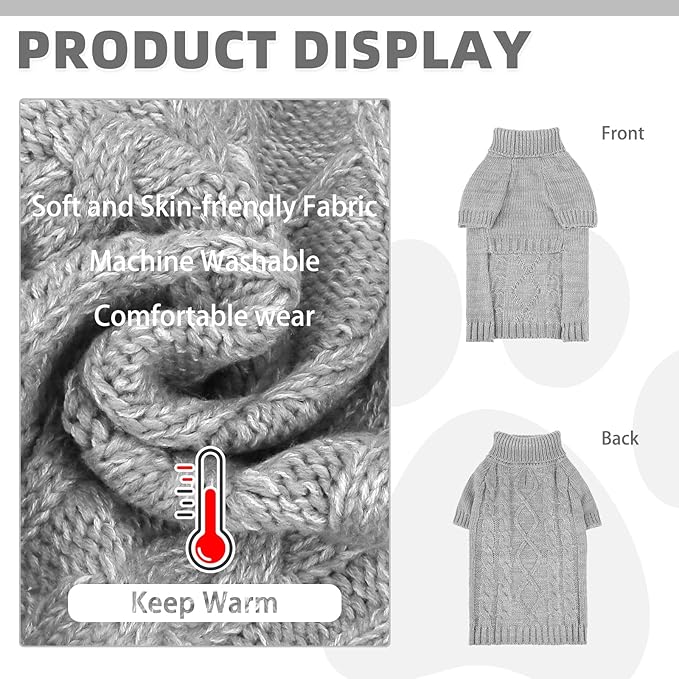KOOLTAIL Dog Sweater for Large Medium Small Dogs, Fall Dog Sweaters, Turtleneck Cable Knitwear Pet Cold Weather Coats with Leash Hole, Warm Winter Pullover Clothes for Bulldog, Yorkie,Boy Girl,Grey M