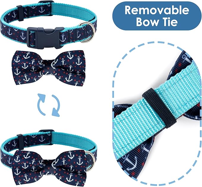 azuza Anchor Dog Collar with Bow Tie, Soft and Comfortable, Adjustable forLarge Dogs