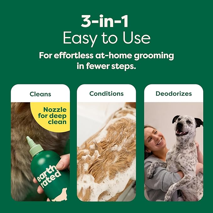 Earth Rated Hypoallergenic 3-in-1 Deshed Dog & Puppy Shampoo & Conditioner, Deodorize 98.5% Natural, 16 oz
