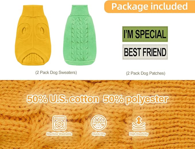 2 Pack Dog Sweaters for Small Dogs - Puppy Medium Warm Clothes in Winter, Turtleneck Pullover Design for Boy Girl Pet, Doggie, Cat, Kitten Chihuahua Bulldog Pug Beagles (XS, Yellow, Green)