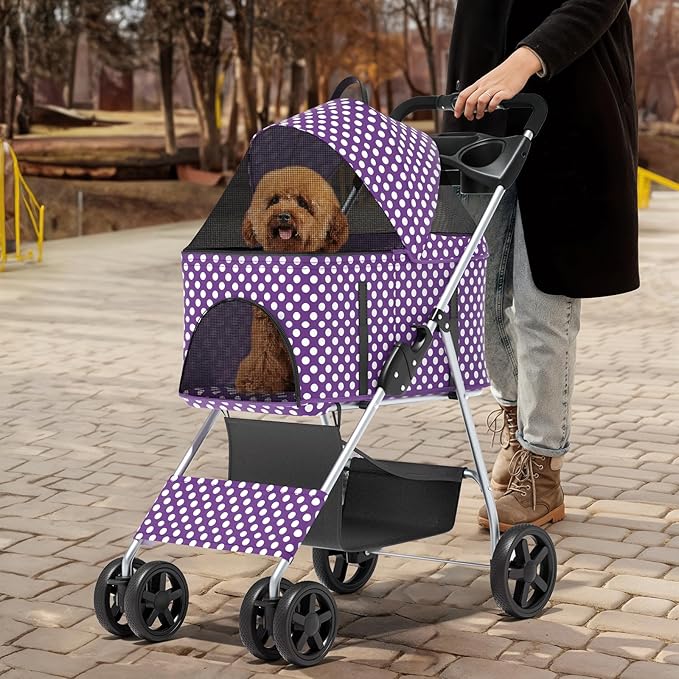 MoNiBloom 3 in 1 Foldable Pet Stroller for Small & Medium Dogs, Detachable Carrier, Car Seat, Push Button Entry, 4-Wheel Jogger for Pets up to 33 lbs, Purple Polka Dots